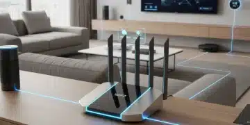 Modern Wi-Fi 7 router in a contemporary home setting, emphasizing advanced connectivity