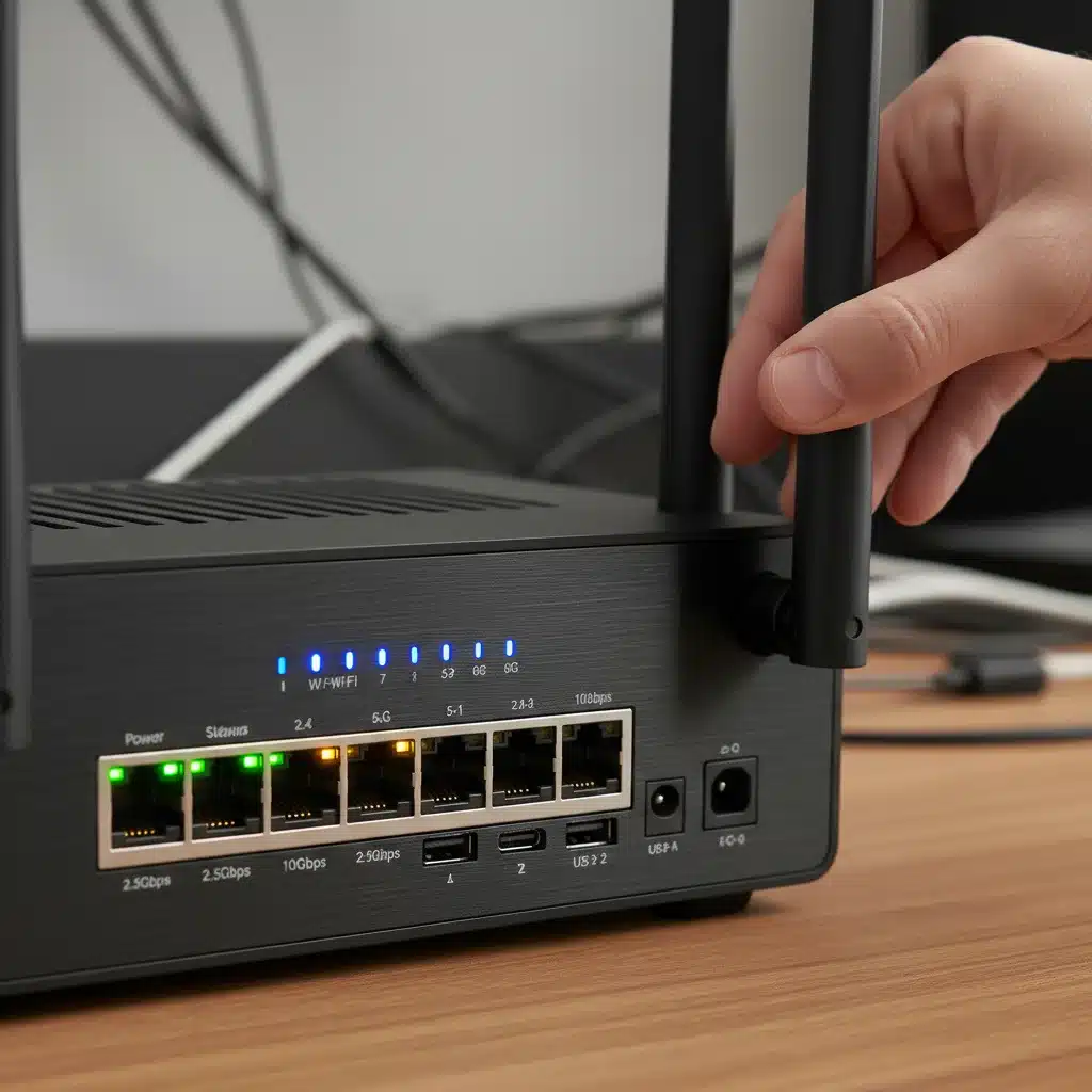 Close-up of Wi-Fi 7 router ports and antennas, illustrating physical setup