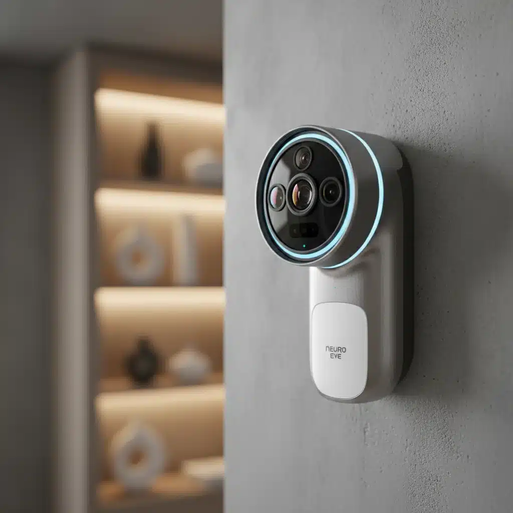 Close-up of a sleek AI-powered smart home security camera.