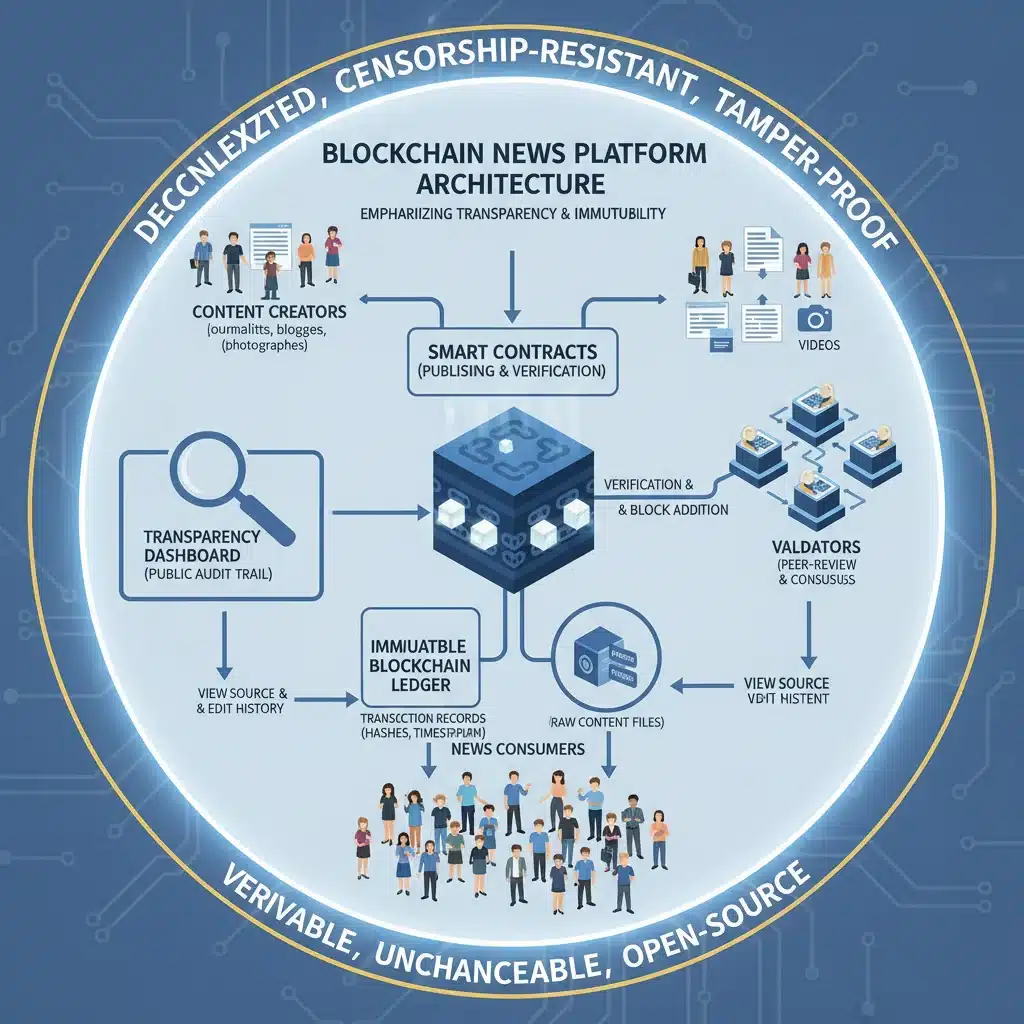 Infographic of blockchain news platform architecture with smart contracts.