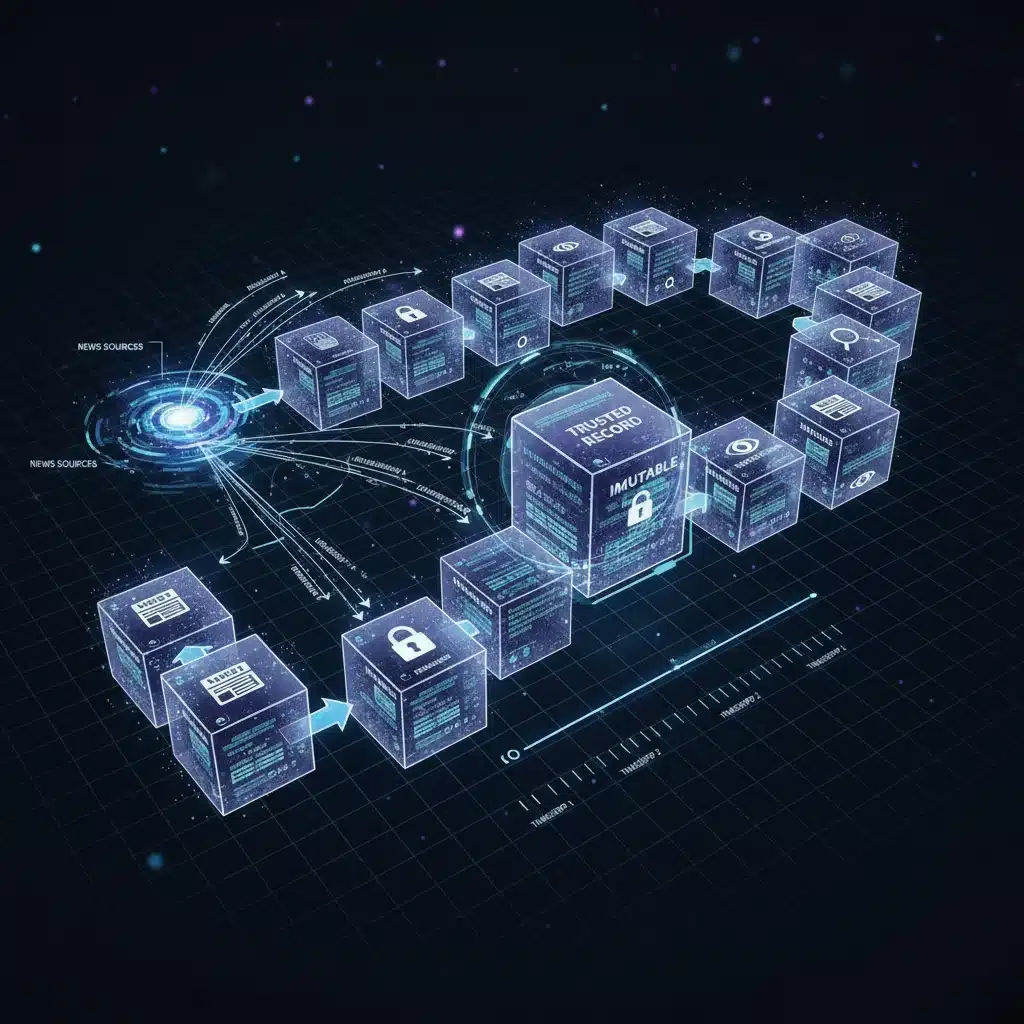 Blockchain ledger visualizing data flow and immutable news verification in Web3 journalism.