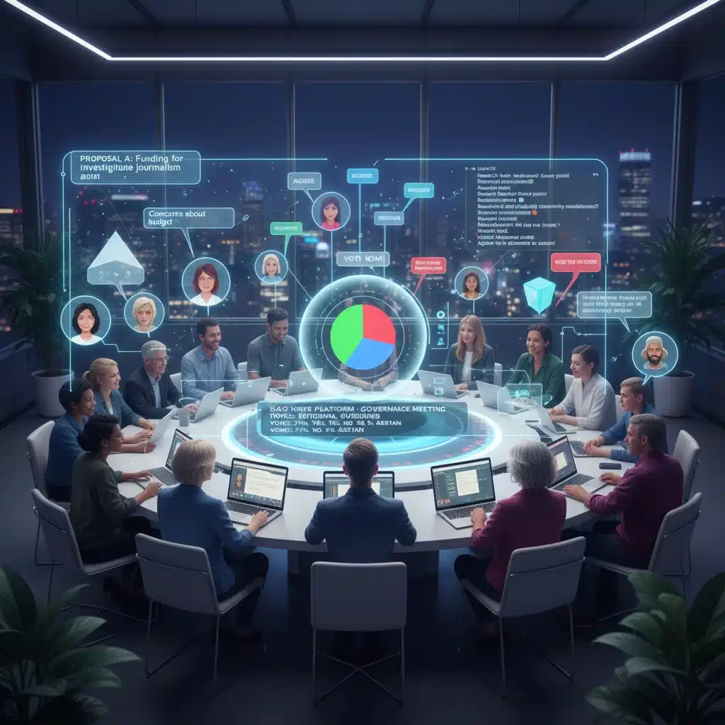 Community governance in a decentralized autonomous organization for news platforms.