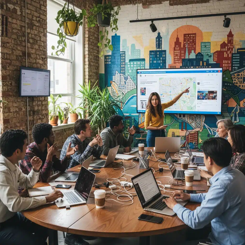 Diverse community journalists collaborating on local news stories in a co-working space.