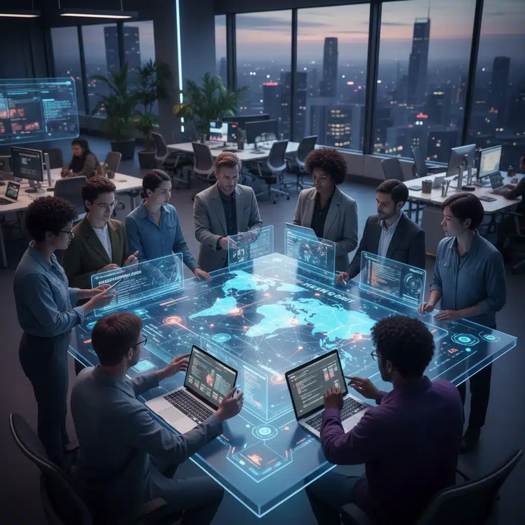 Journalists and technologists collaborating on a holographic decentralized news network.