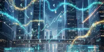 Futuristic city with digital news streams symbolizing a decentralized news economy.