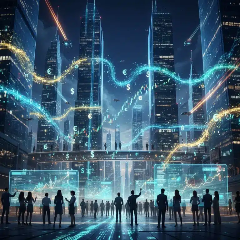 Futuristic city with digital news streams symbolizing a decentralized news economy.