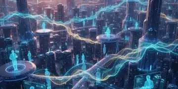 Futuristic decentralized news network with glowing connections and journalist silhouettes.