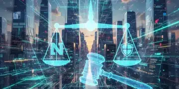 Futuristic digital network with legal symbols representing decentralized news regulation in 2026.
