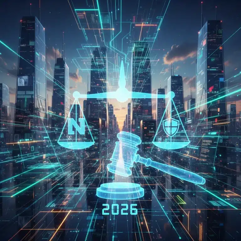 Futuristic digital network with legal symbols representing decentralized news regulation in 2026.