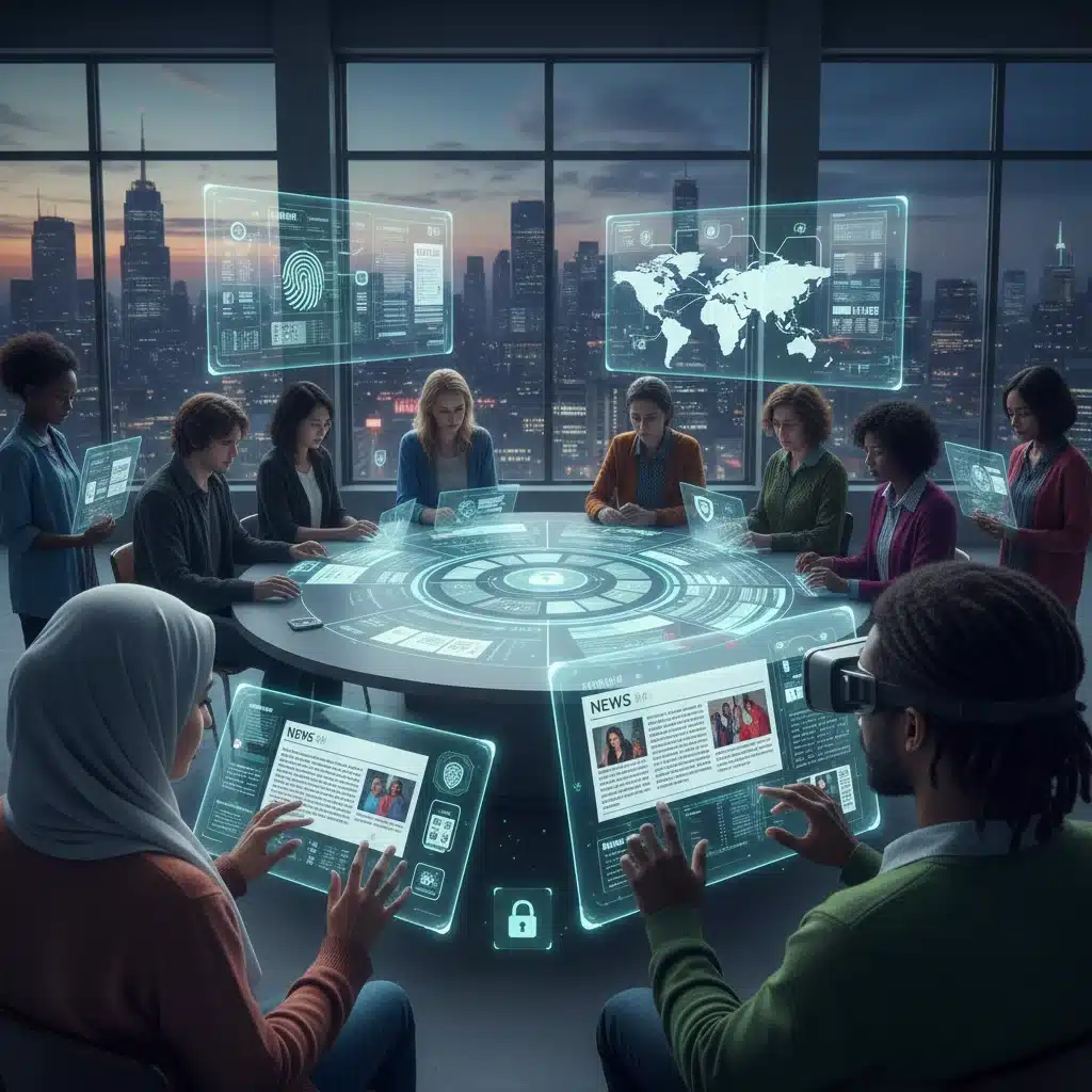 Diverse users interacting with decentralized news platforms and privacy icons.