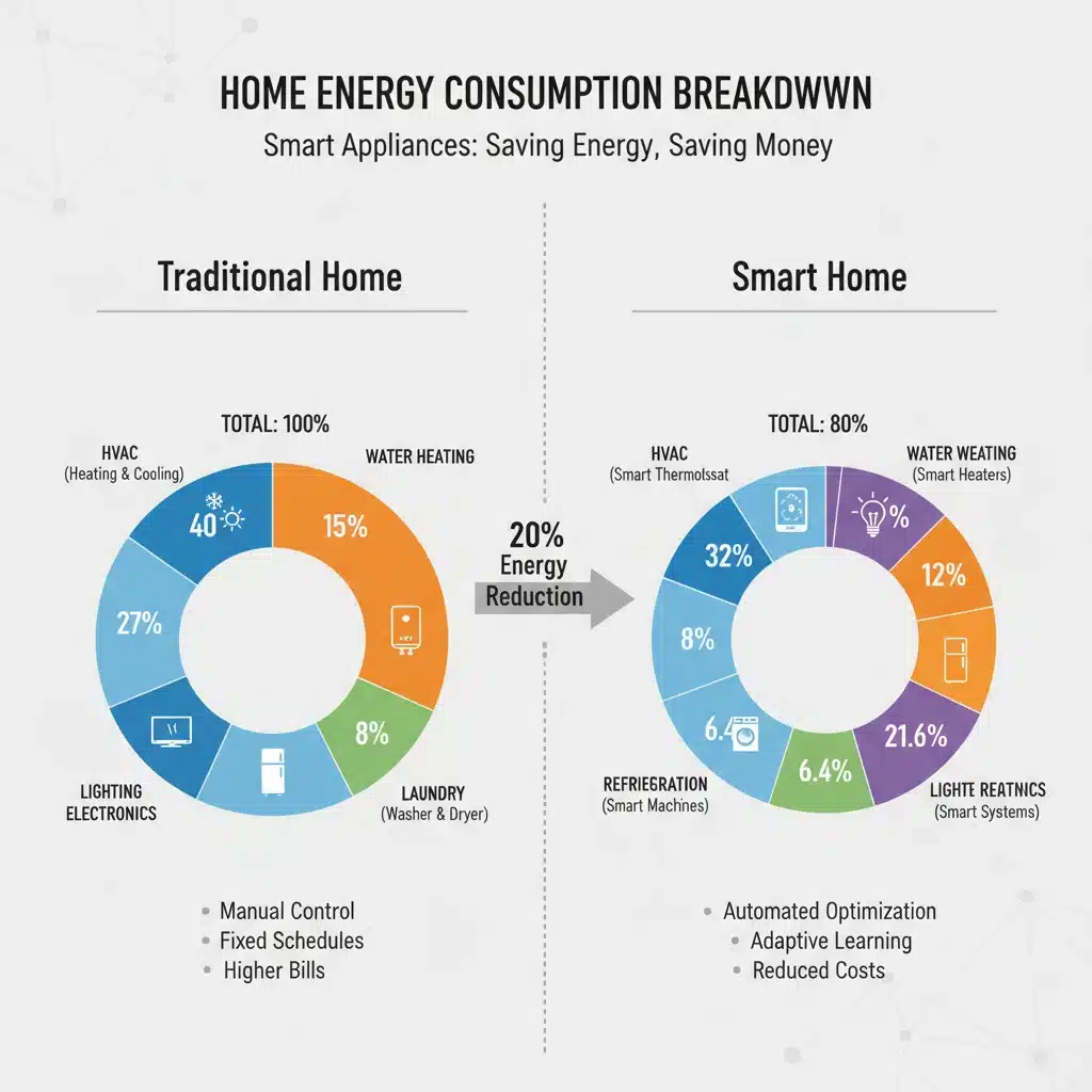 Infographic detailing household energy consumption reduction by smart appliances.