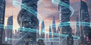 Futuristic cityscape with digital data streams and blockchain overlay, illustrating US blockchain journalism regulations.