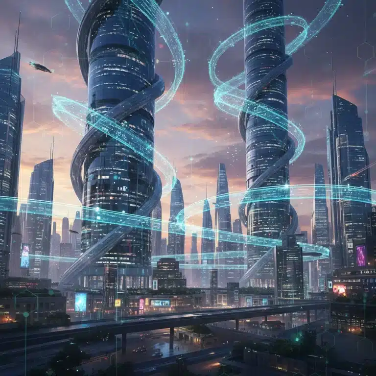 Futuristic cityscape with digital data streams and blockchain overlay, illustrating US blockchain journalism regulations.