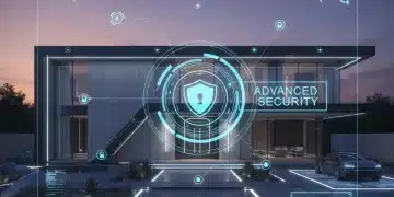 Futuristic smart home with glowing security icons representing advanced protection.