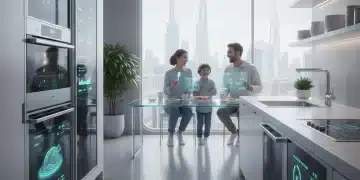 Futuristic smart kitchen with energy monitoring displays showing significant savings.