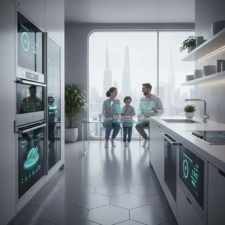Futuristic smart kitchen with energy monitoring displays showing significant savings.