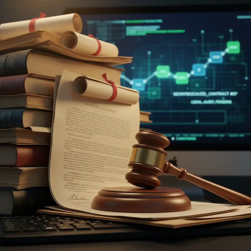 Gavel on legal documents with blockchain ledger, representing legal challenges in decentralized journalism.