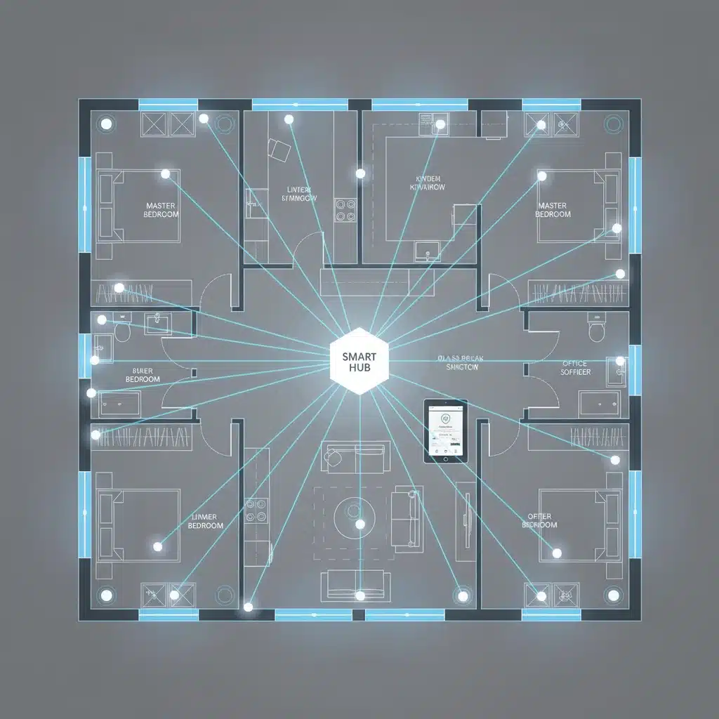 Overhead view of a smart home with integrated security sensors and central hub.