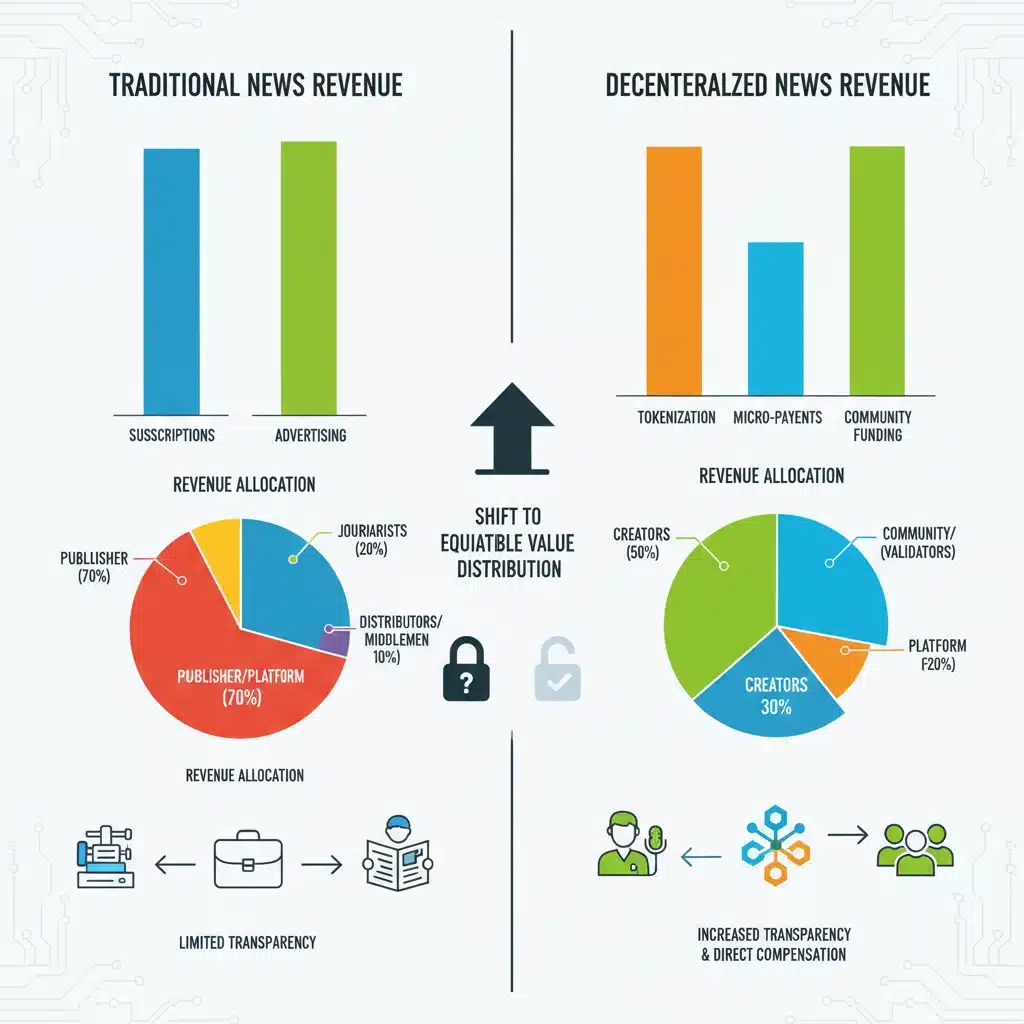 Infographic comparing traditional and decentralized news revenue models.
