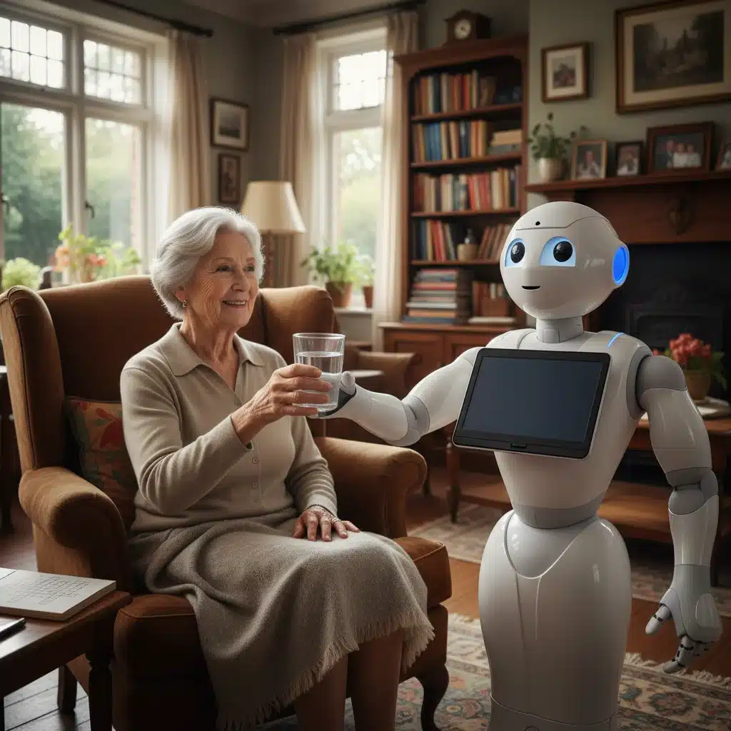 Personal assistant robot helping an elderly individual with daily tasks.
