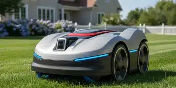 Robotic lawnmower cutting grass autonomously in a suburban garden.