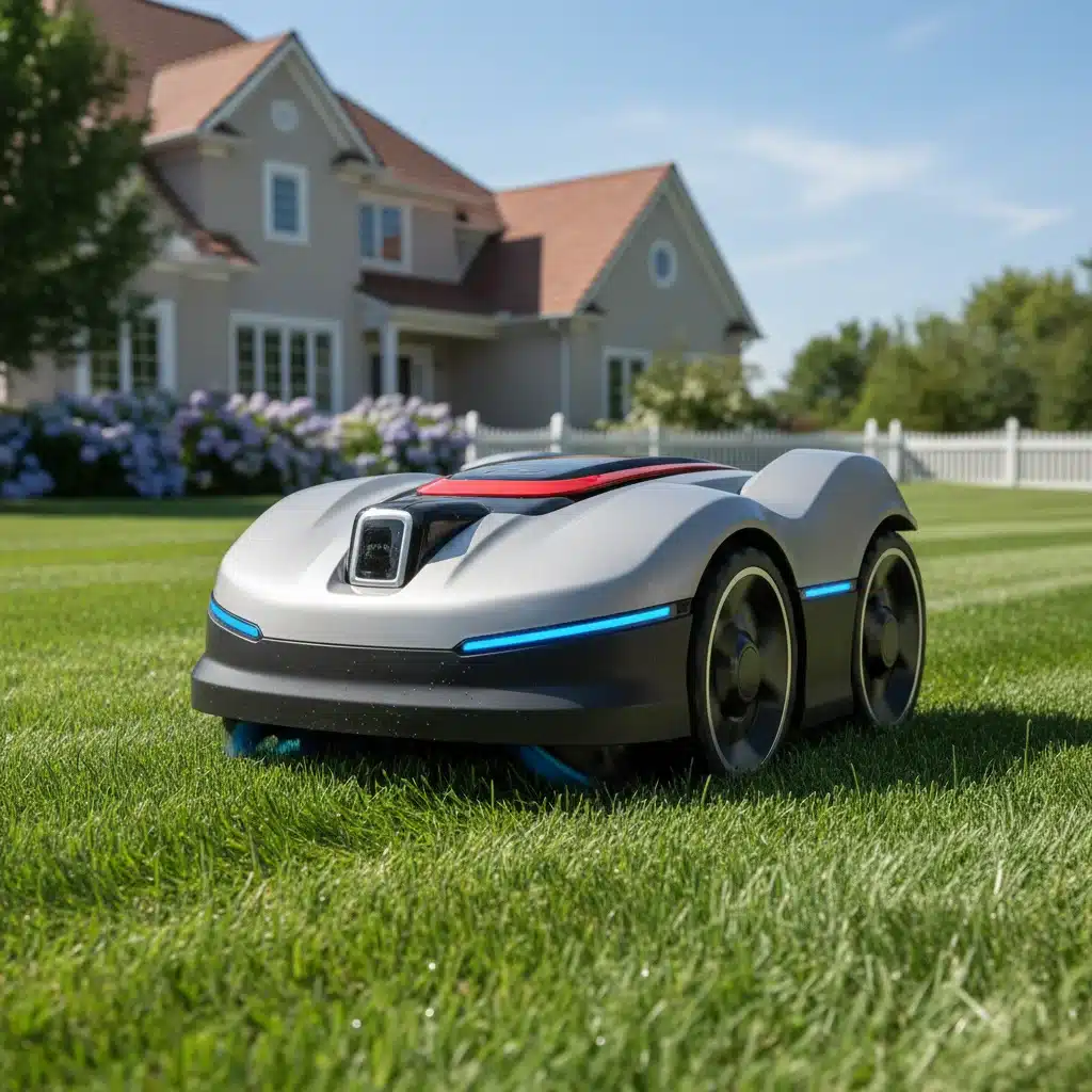 Robotic lawnmower cutting grass autonomously in a suburban garden.