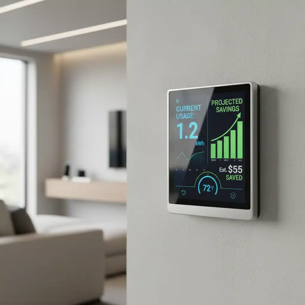 Smart thermostat showing real-time energy usage and projected savings.