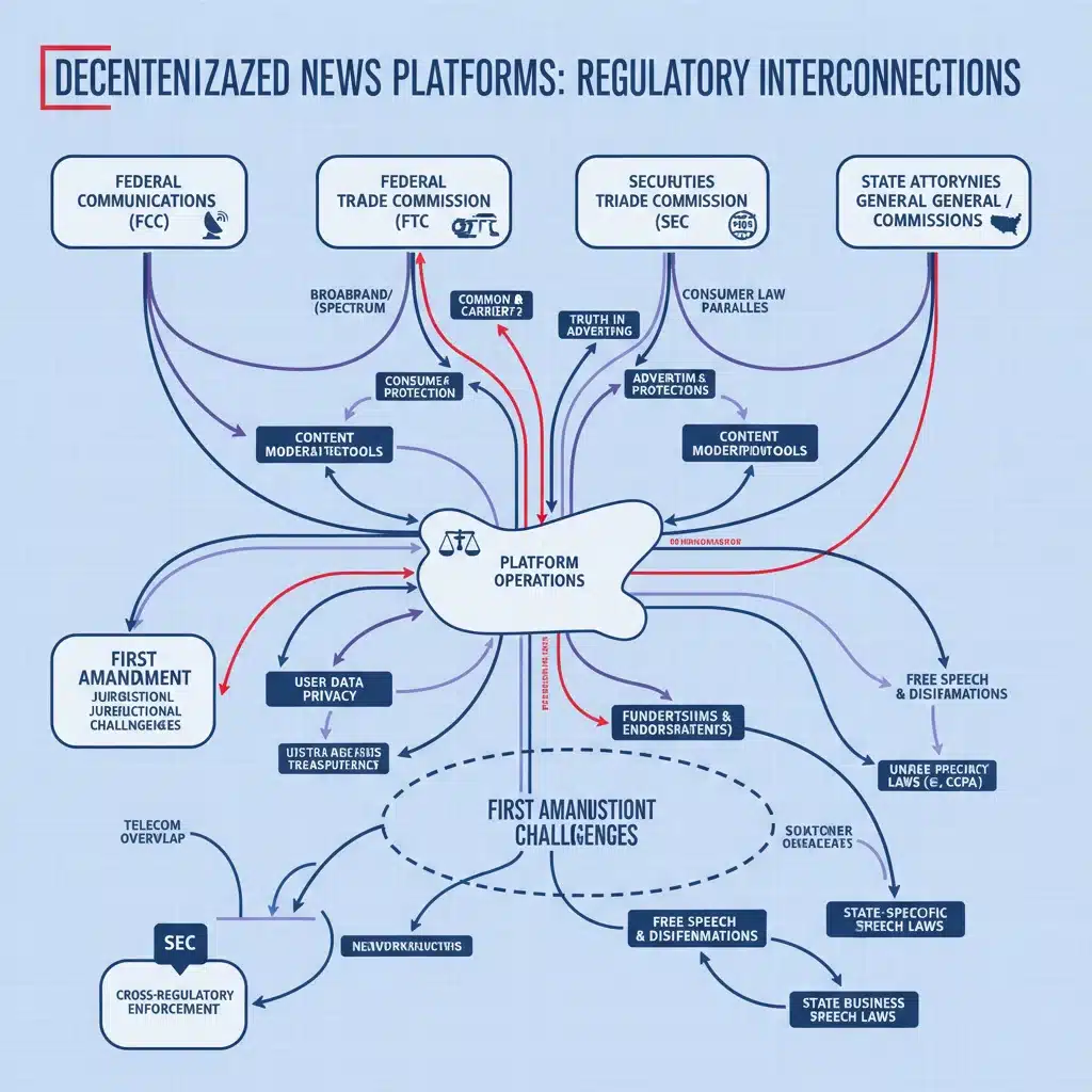 Regulatory flowchart showing US agencies influencing decentralized news platforms.