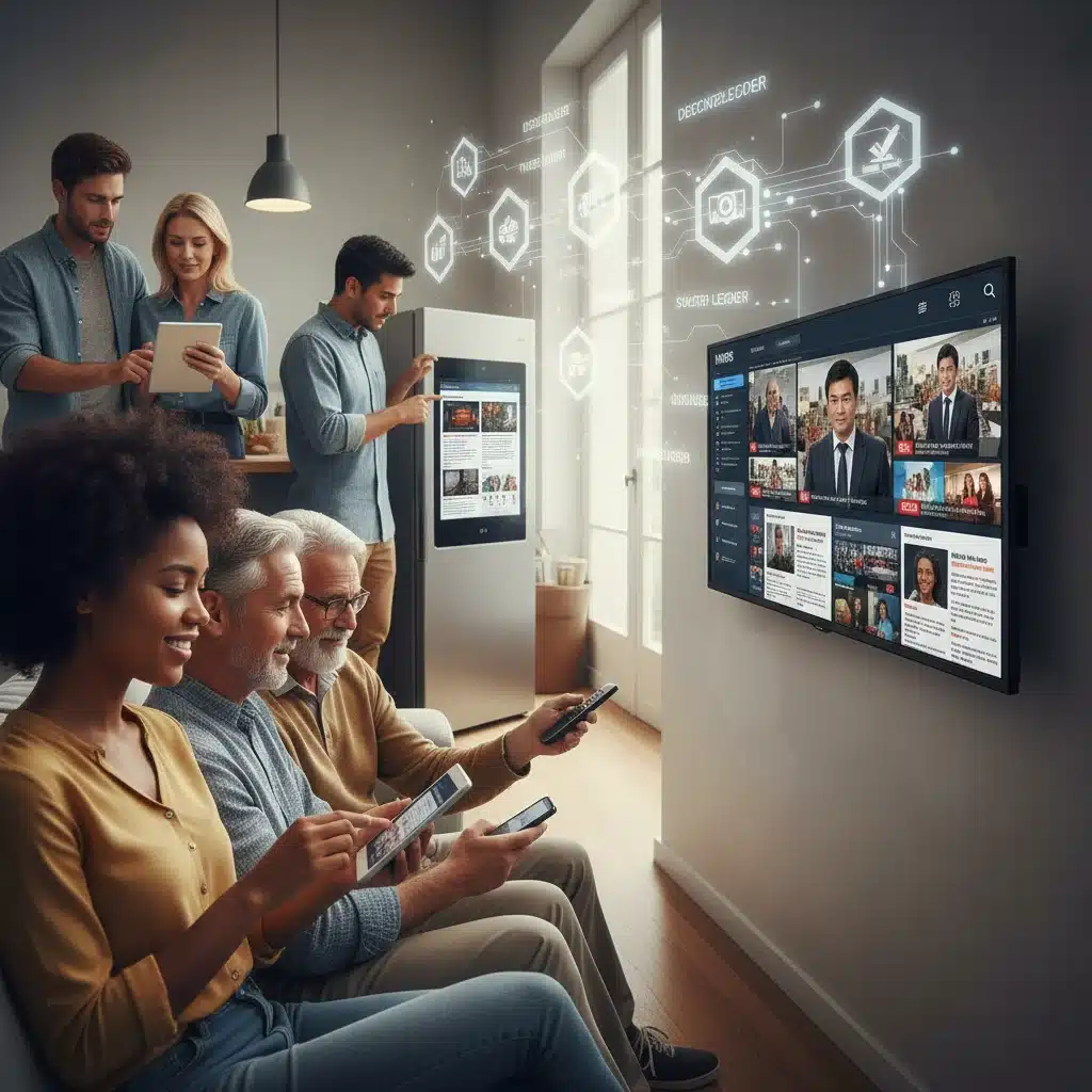 Diverse US citizens consuming decentralized news on various devices.