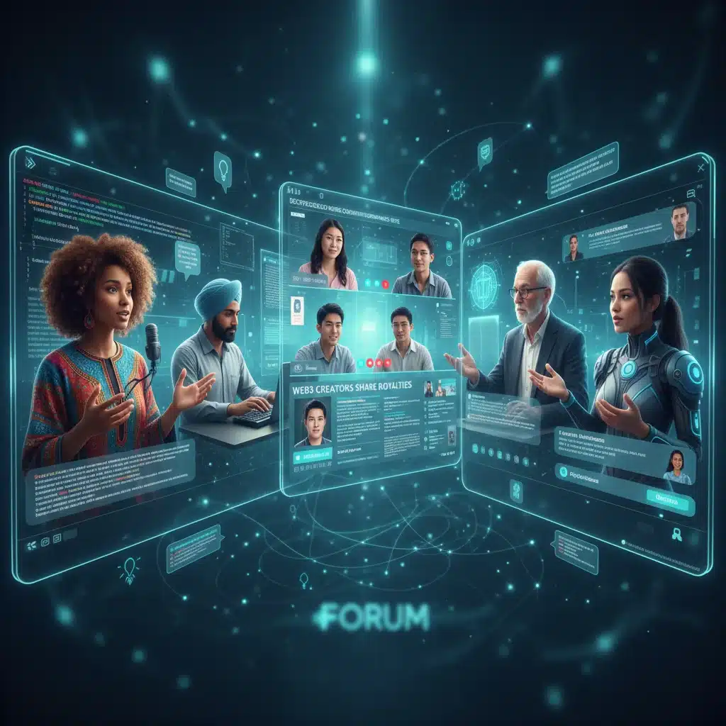 Diverse community members engaging in a decentralized online forum, representing Web3 collaborative content.