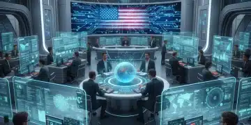 Journalists in a futuristic newsroom engaging with Web3 news and blockchain technology, symbolizing decentralized reporting.