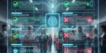 AI-powered news verification dashboard with green checkmarks and red crosses over diverse news sources for US consumers