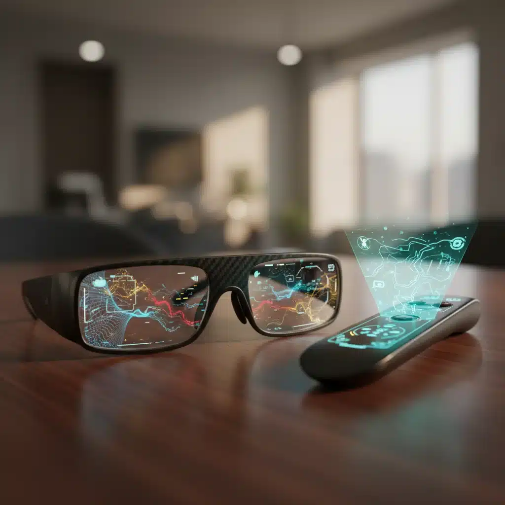 Close-up of sleek augmented reality glasses on a table