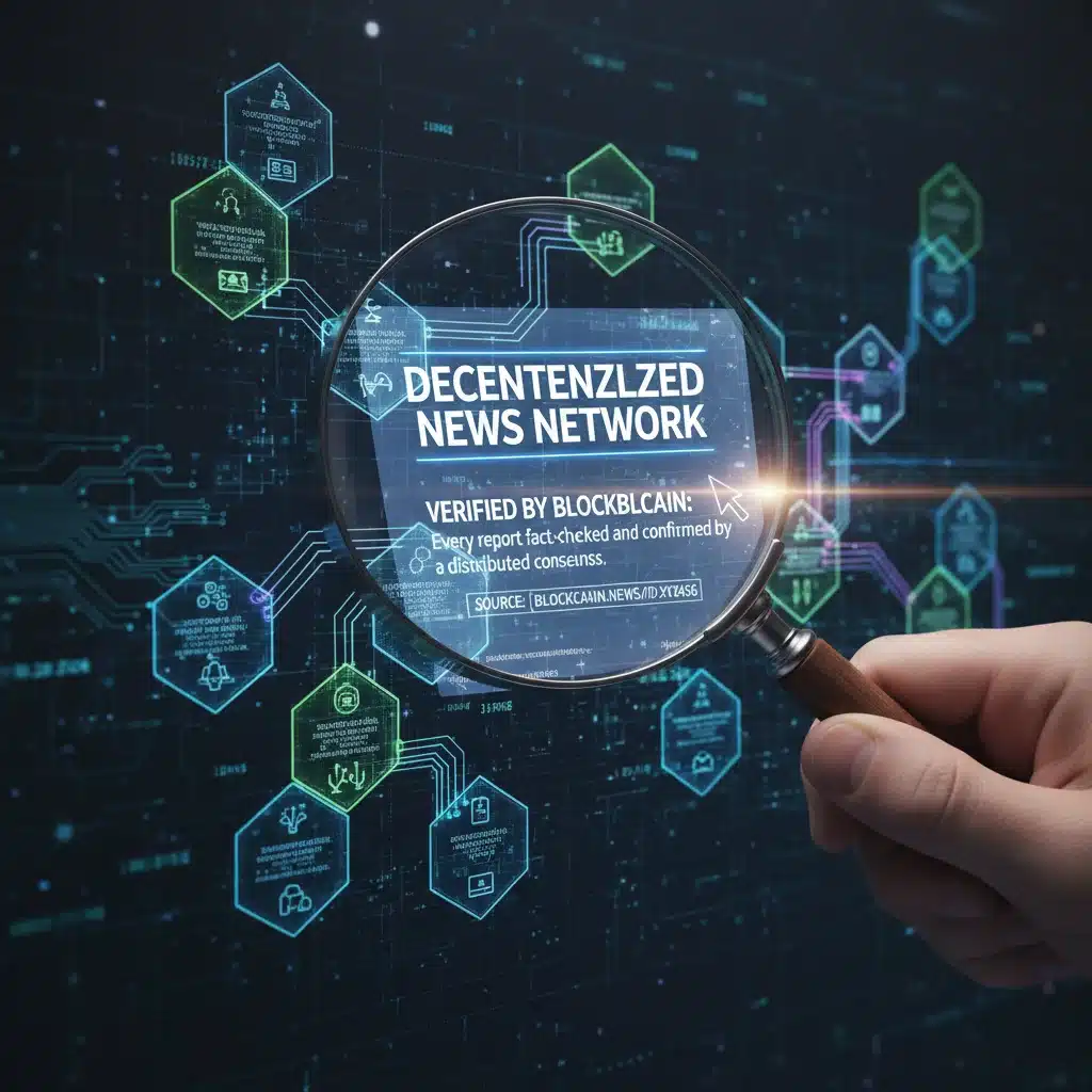 Blockchain ledger on screen, magnifying glass inspecting news, symbolizing verification.