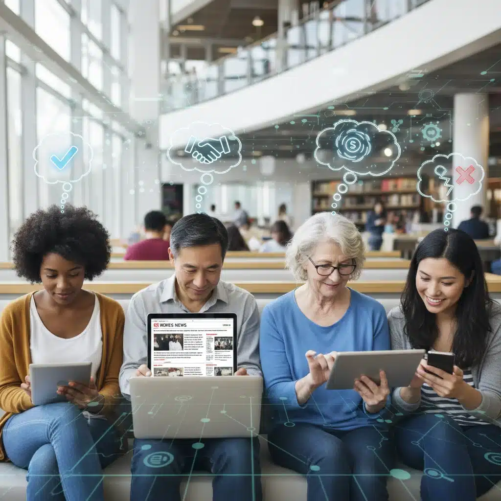 Diverse US consumers consuming news on digital devices with AI trust indicators