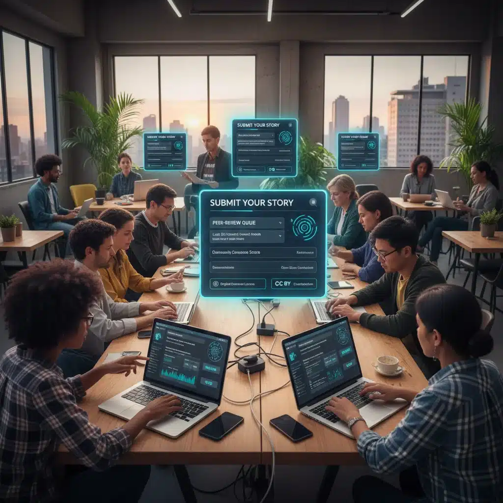 Content creators interacting with decentralized news platform and IP rights