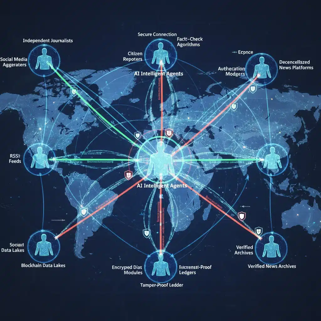 Decentralized news network flow with AI verification nodes and secure data connections