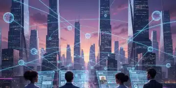 Futuristic cityscape with glowing network, diverse people engaging with decentralized news feeds.