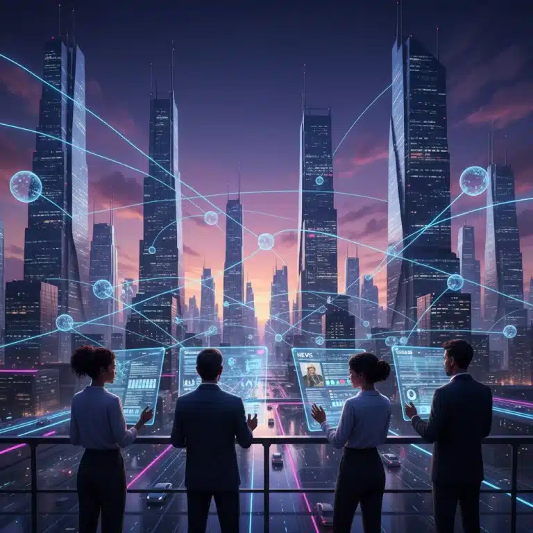 Futuristic cityscape with glowing network, diverse people engaging with decentralized news feeds.