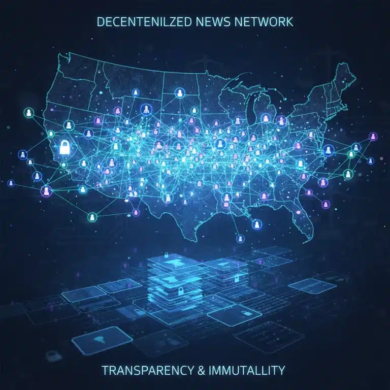 Decentralized news network with blockchain elements over US map