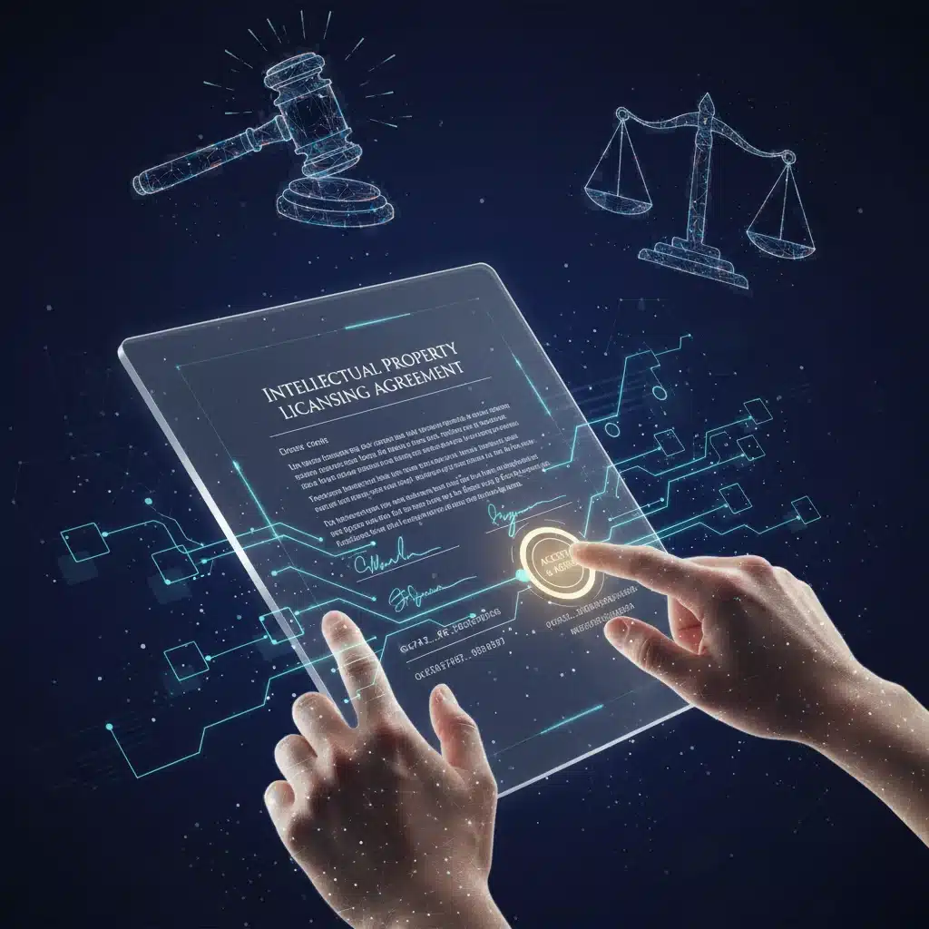 Digital intellectual property contract with blockchain signatures