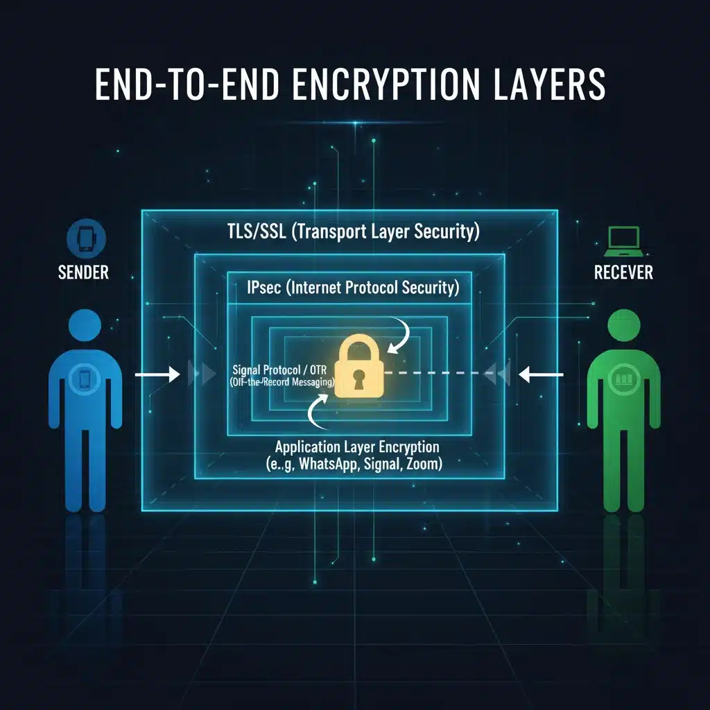 Diagram illustrating end-to-end encryption protocols and secure data transmission