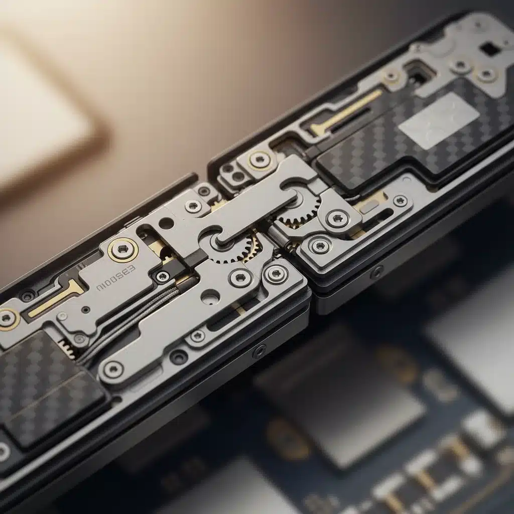 Intricate hinge mechanism of a foldable phone, demonstrating advanced engineering.