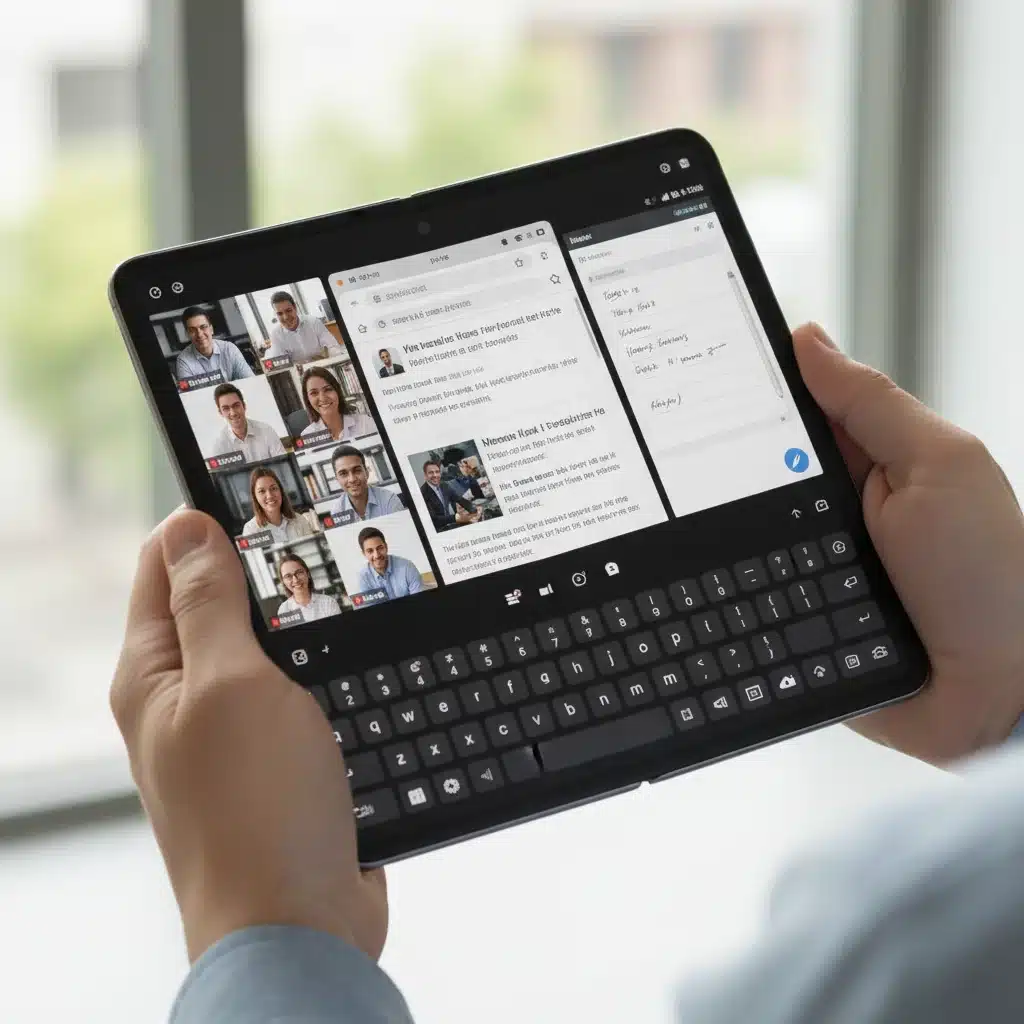 User multitasking on a foldable phone in tablet mode, displaying productivity.