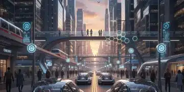 Futuristic city with autonomous vehicles operating seamlessly on illuminated streets.
