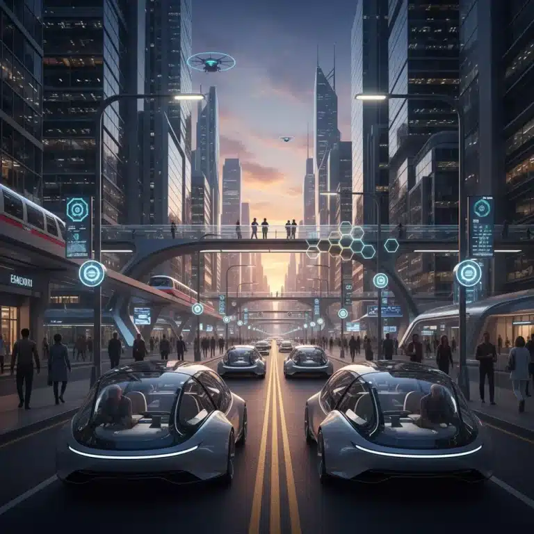 Futuristic city with autonomous vehicles operating seamlessly on illuminated streets.