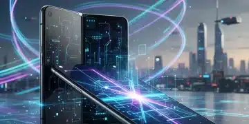 Futuristic foldable smartphone on a tech surface, illustrating advanced mobile technology.