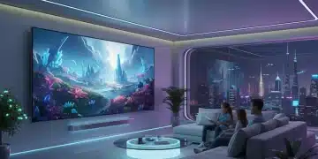 Futuristic living room with transparent OLED TV and integrated sound system
