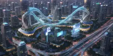 Futuristic smart city skyline with IoT connectivity and efficient infrastructure.