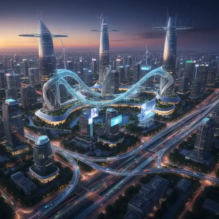Futuristic smart city skyline with IoT connectivity and efficient infrastructure.